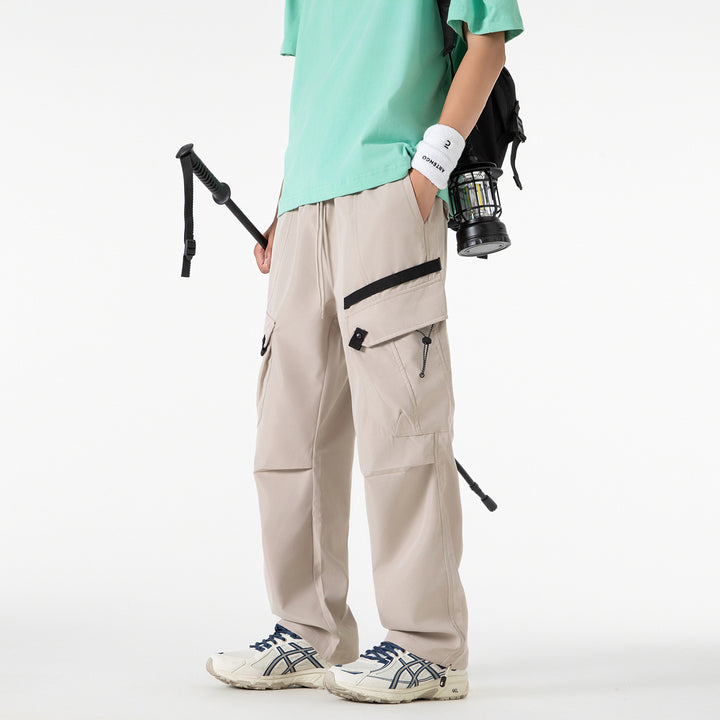 Men's Wide Utility Cargo Pants with Drawstring Waist, Multiple Pockets, and Adjustable Leg Openings Drune