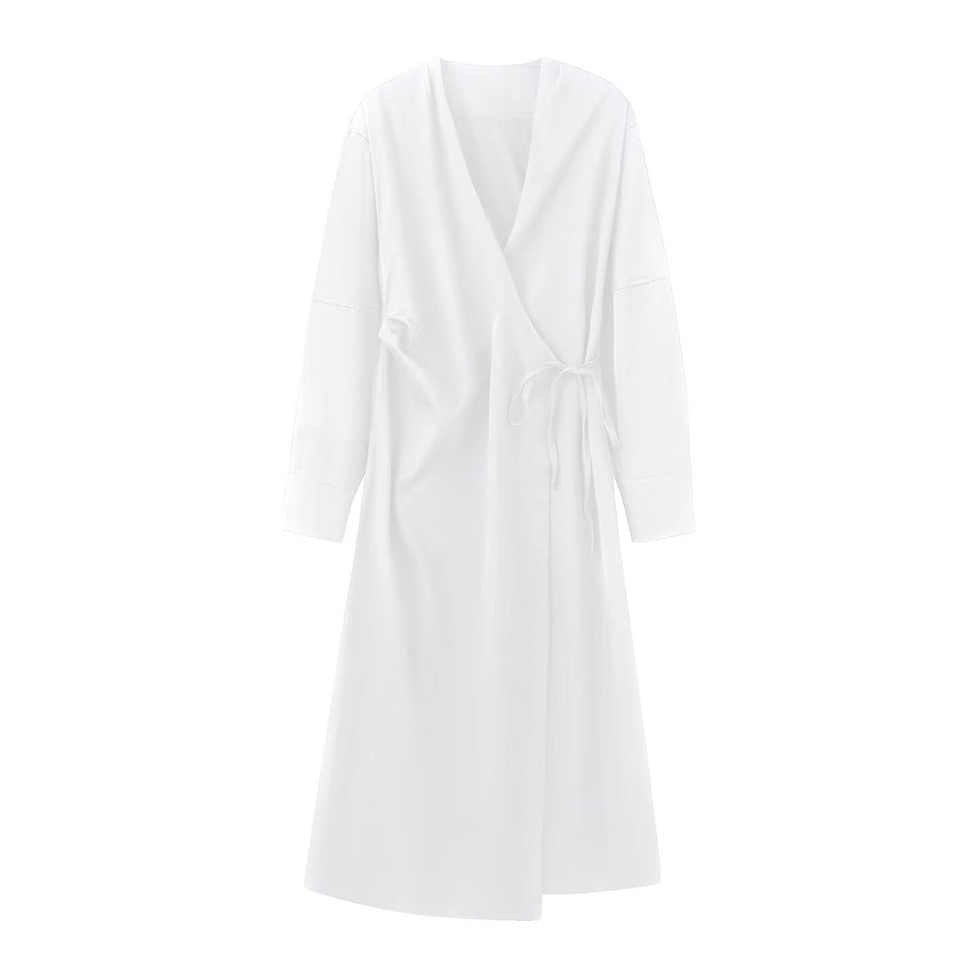 Women's Wrap Midi Dress with V-Neck and Tie Belt Mune Fashion