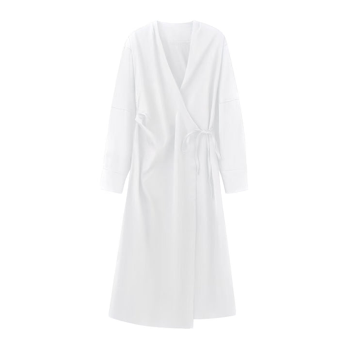 Women's Wrap Midi Dress with V-Neck and Tie Belt Mune Fashion