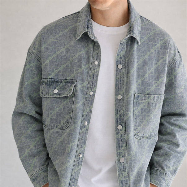 Men's Monogram Oversized Denim Shirt Jacket with Snap Buttons and Patch Chest Pockets Mune Fashion
