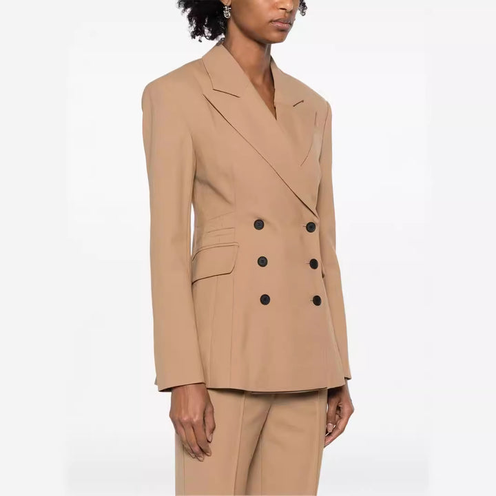 Women Two-Piece Tailored Double-Breasted Blazer Trousers Suit with Flared Palazzo Pants Mune Fashion