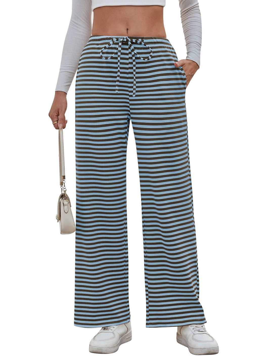 Ladies wide striped pants with elastic waistband and drawstring Mune Fashion
