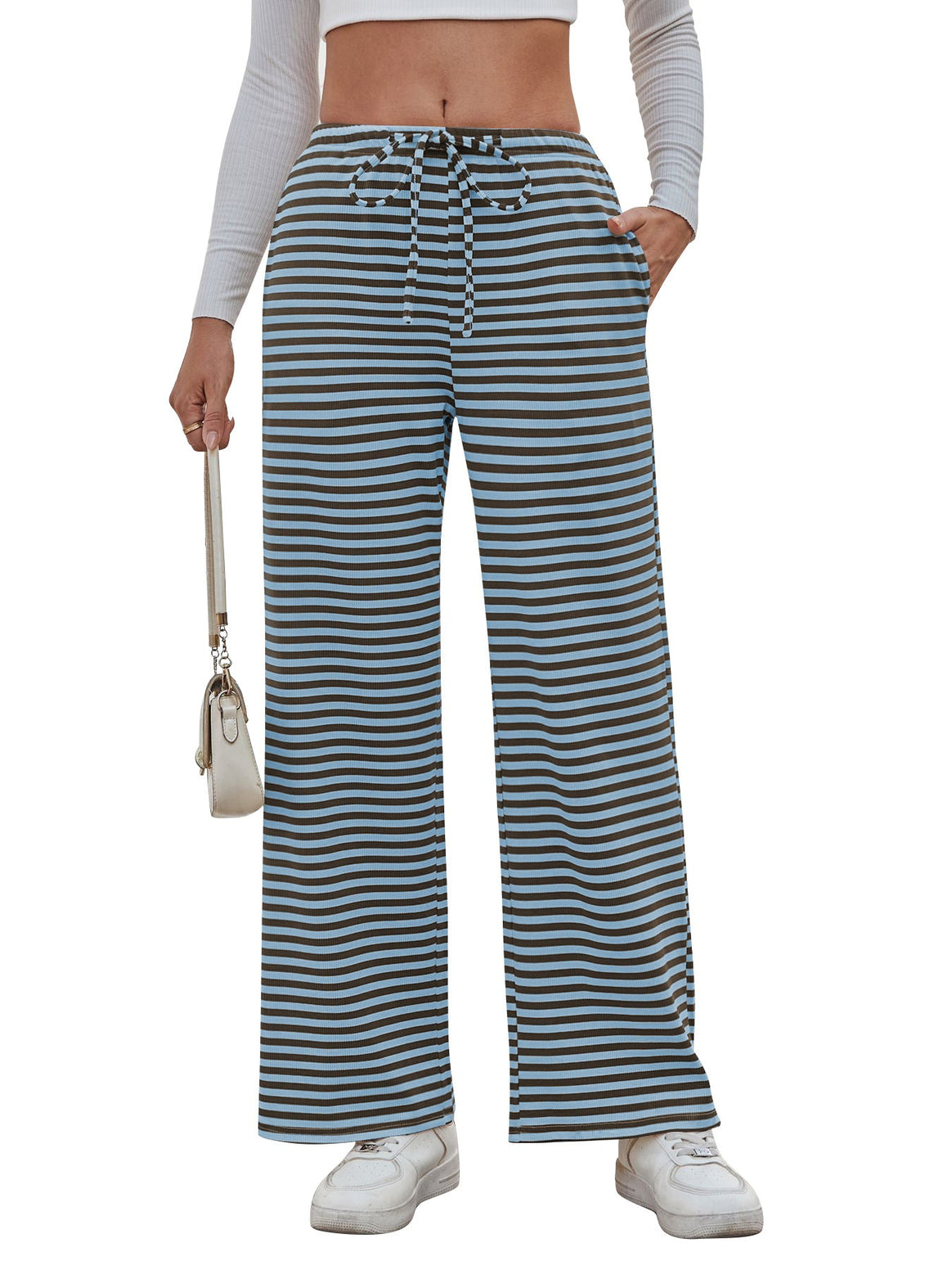 Ladies wide striped pants with elastic waistband and drawstring Mune Fashion