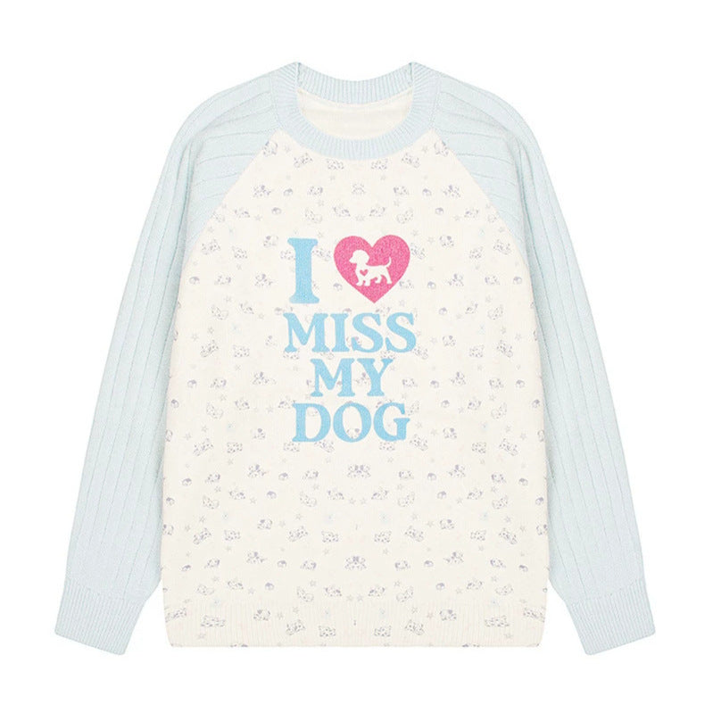 Women's knit sweater with raglan sleeves, allover dog motif and statement print Mune Fashion