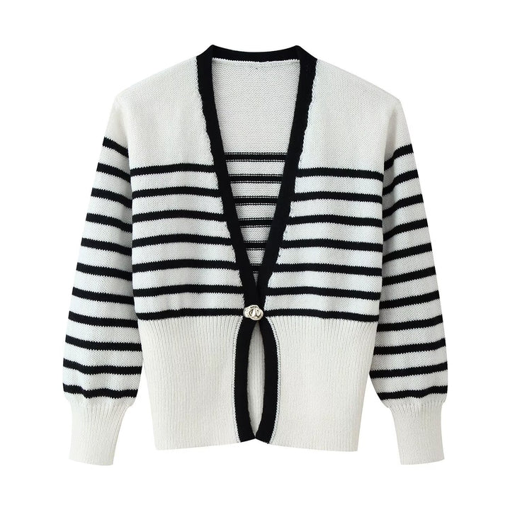 Women Short V-Neck Cardigan with Balloon Sleeves and Decorative Button Mune Fashion