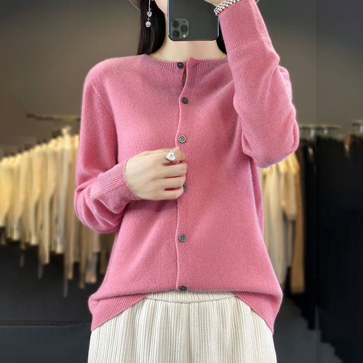 Women Lightweight Fine Knit Cardigan with Cashmere Look, Round Neckline and Hidden Button Placket Mune Fashion