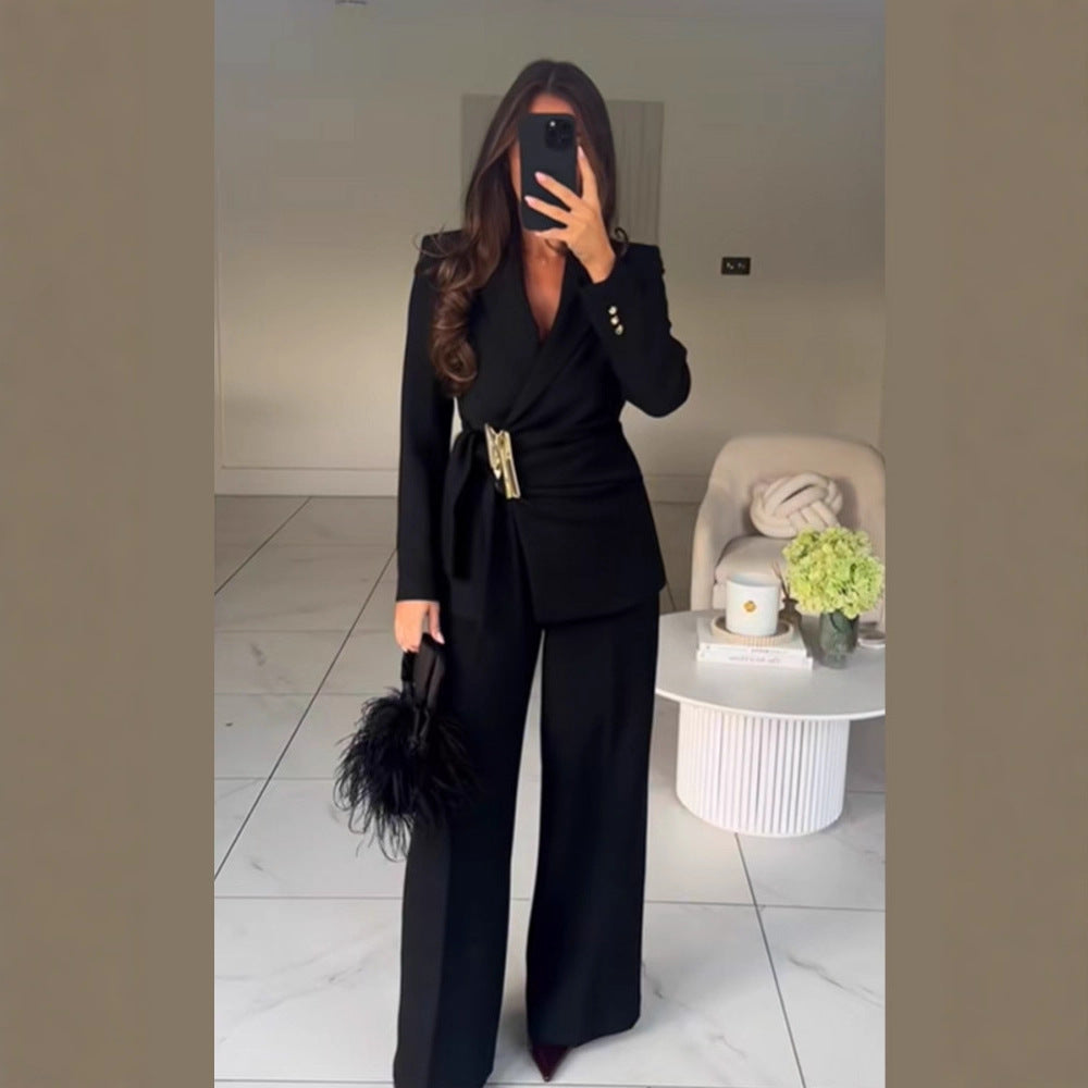 Women's Tailored Wrap Blazer with Decorative Metal Buckle & High-Waist Palazzo Pants Mune Fashion