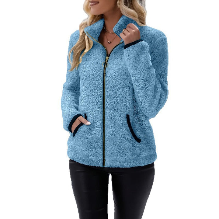 Women's thermal sherpa fleece jacket with stand-up collar, contrast edges and ring zipper Mune Fashion