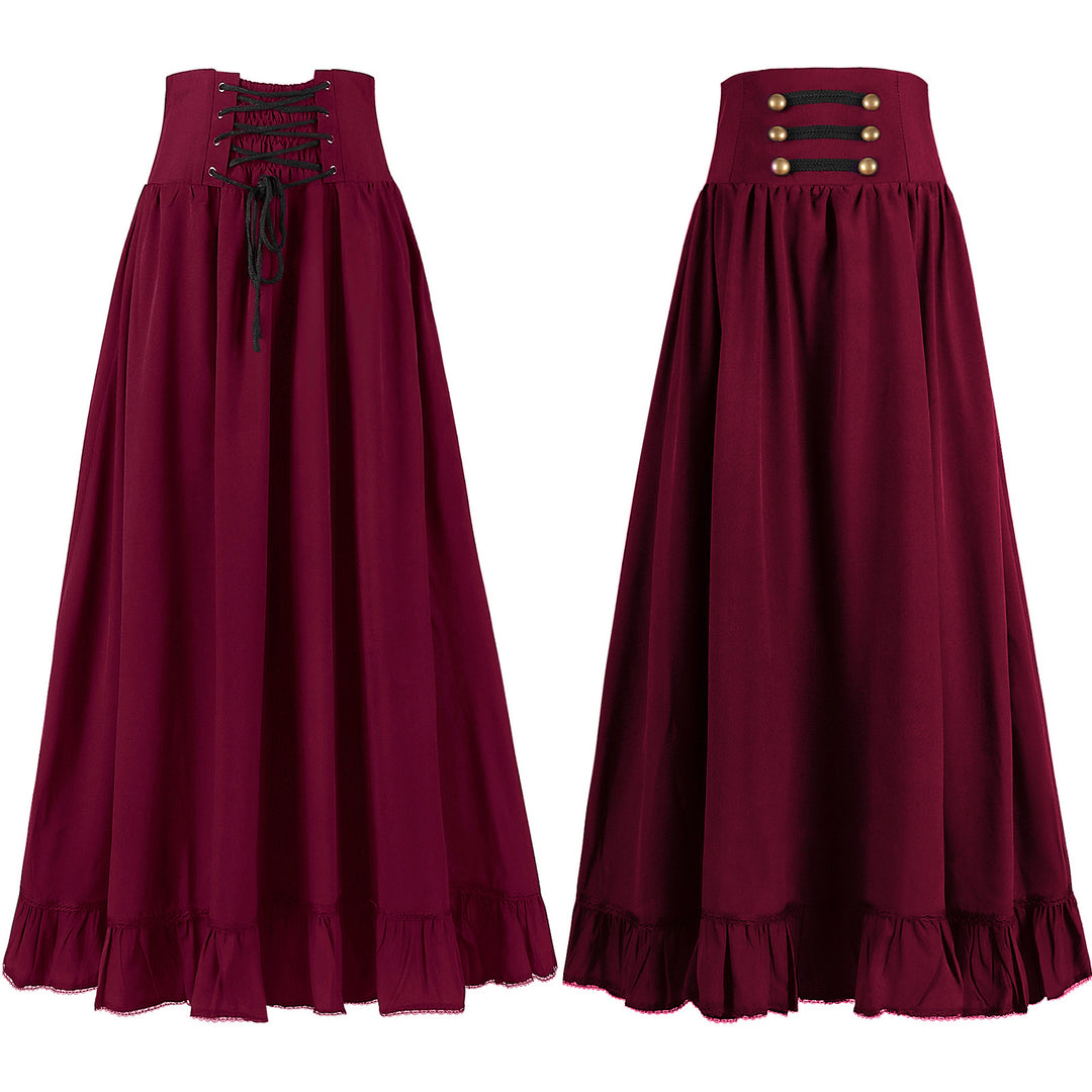 Ladies long high-waist skirt with corset waistband, ruffled hem and decorative buttons around