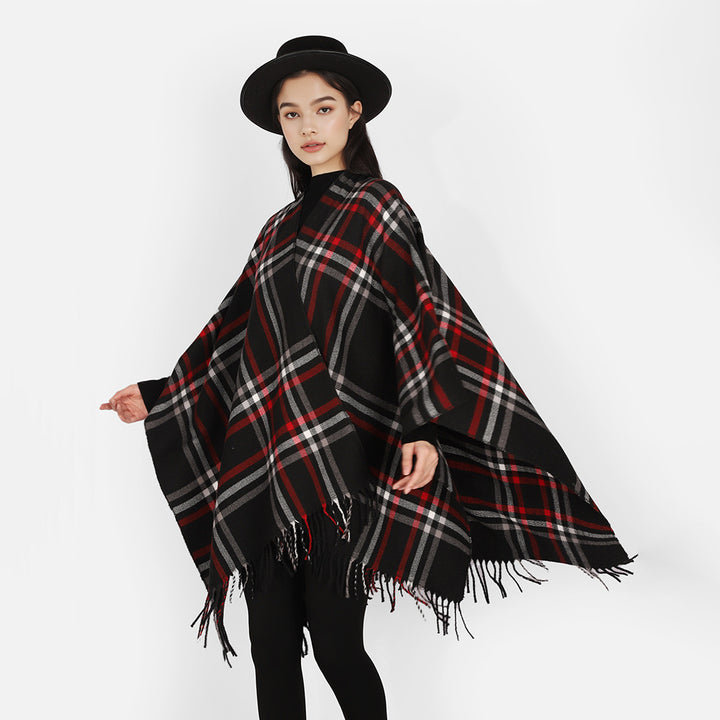 Women Checkered Oversized Throw Poncho with V-Neck and Fringed Hem Mune Fashion