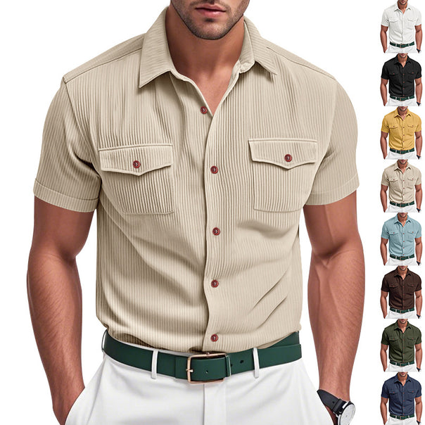 Men's casual short-sleeve shirt with lapel collar, patch flap pockets and fine pinstripe texture Mune Fashion