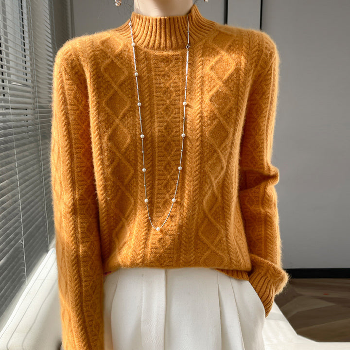 Women's cable-knit mock neck sweater with fine ajour detail and fluffy cashmere look Mune Fashion