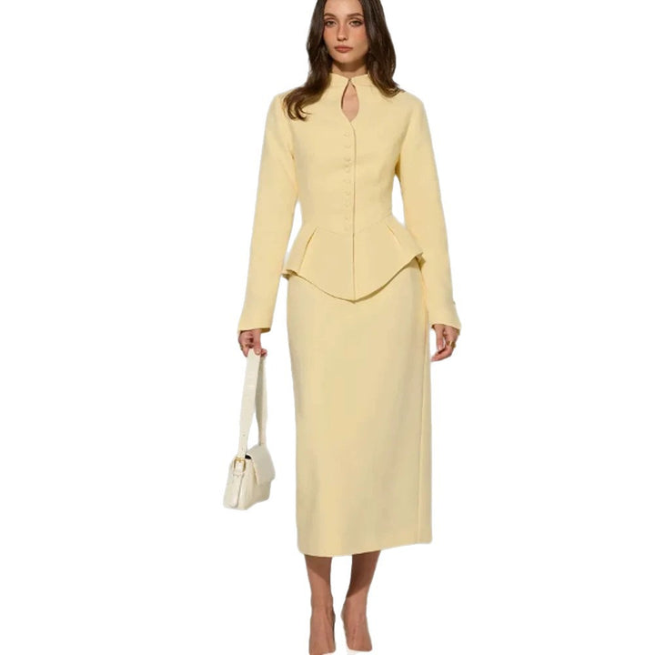 Women's Two-Piece Tailored Blazer and Pencil Skirt Set with Stand Collar and Peplum Dress