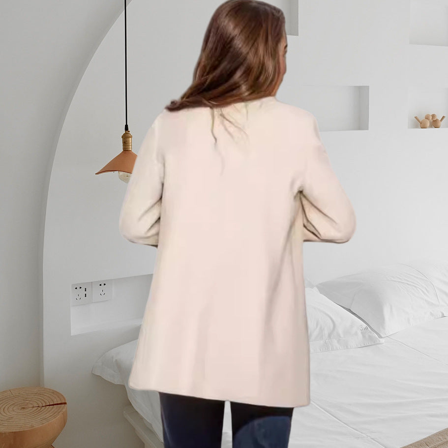 Women's Double-breasted Long Coat with Stand Collar and Decorative Buttons Mune Fashion