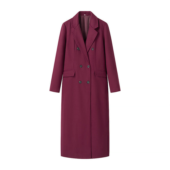 Women's Extra Long Wool Blend Coat with Double-Breasted Button Placket, Notched Lapel and Flap Pockets Mune Fashion
