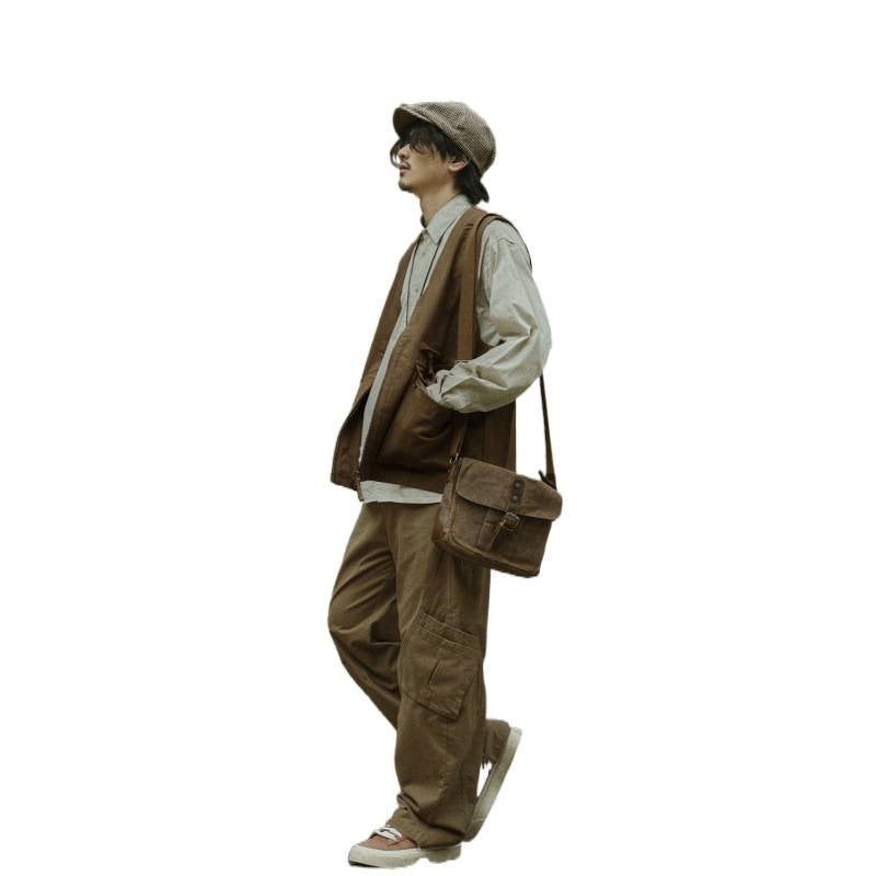 Men's Multifunctional Canvas Utility Vest with Front Pockets and Zipper Mune Fashion