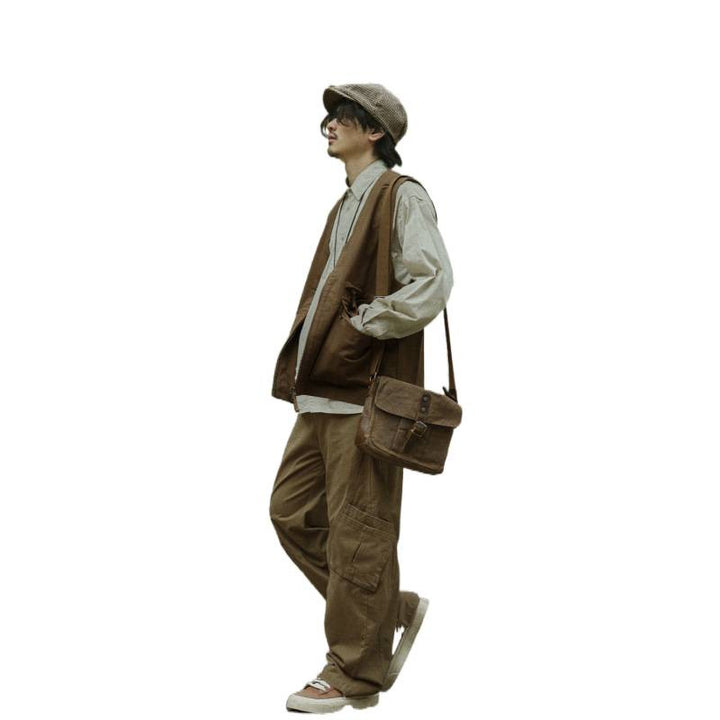 Men's Multifunctional Canvas Utility Vest with Front Pockets and Zipper Mune Fashion
