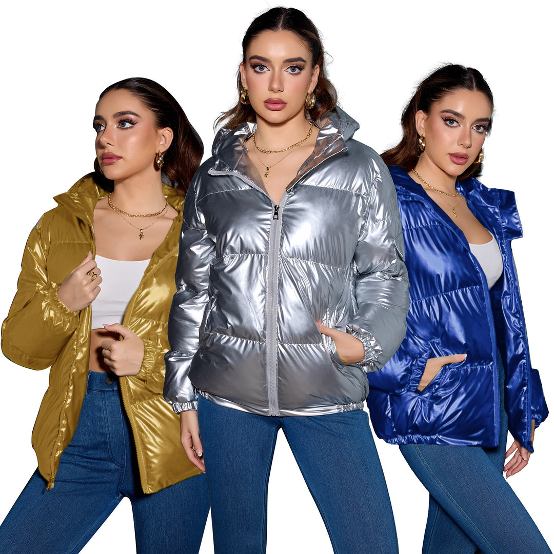 Women's Shiny Oversized Padded Jacket with Hood & Elastic Cuffs Mune Fashion