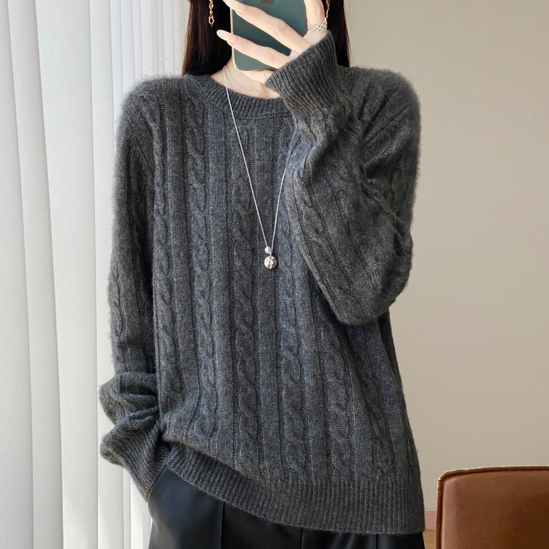 Women's Plus Size Cable Knit Sweater in Mohair Look with Ribbed Hem Mune Fashion