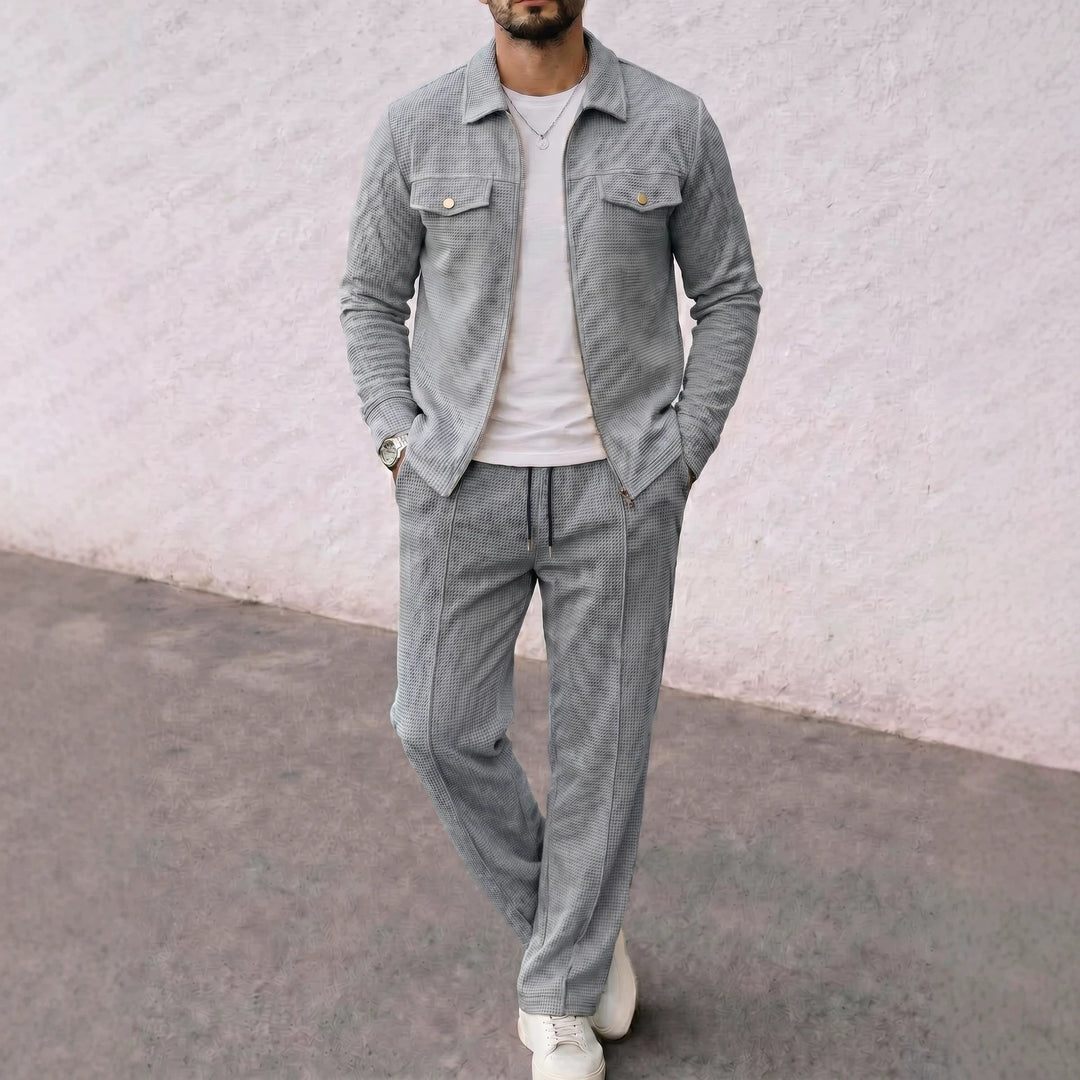 Men's structured zip jacket with waffle texture chest flap pockets and full-length zipper Mune Fashion