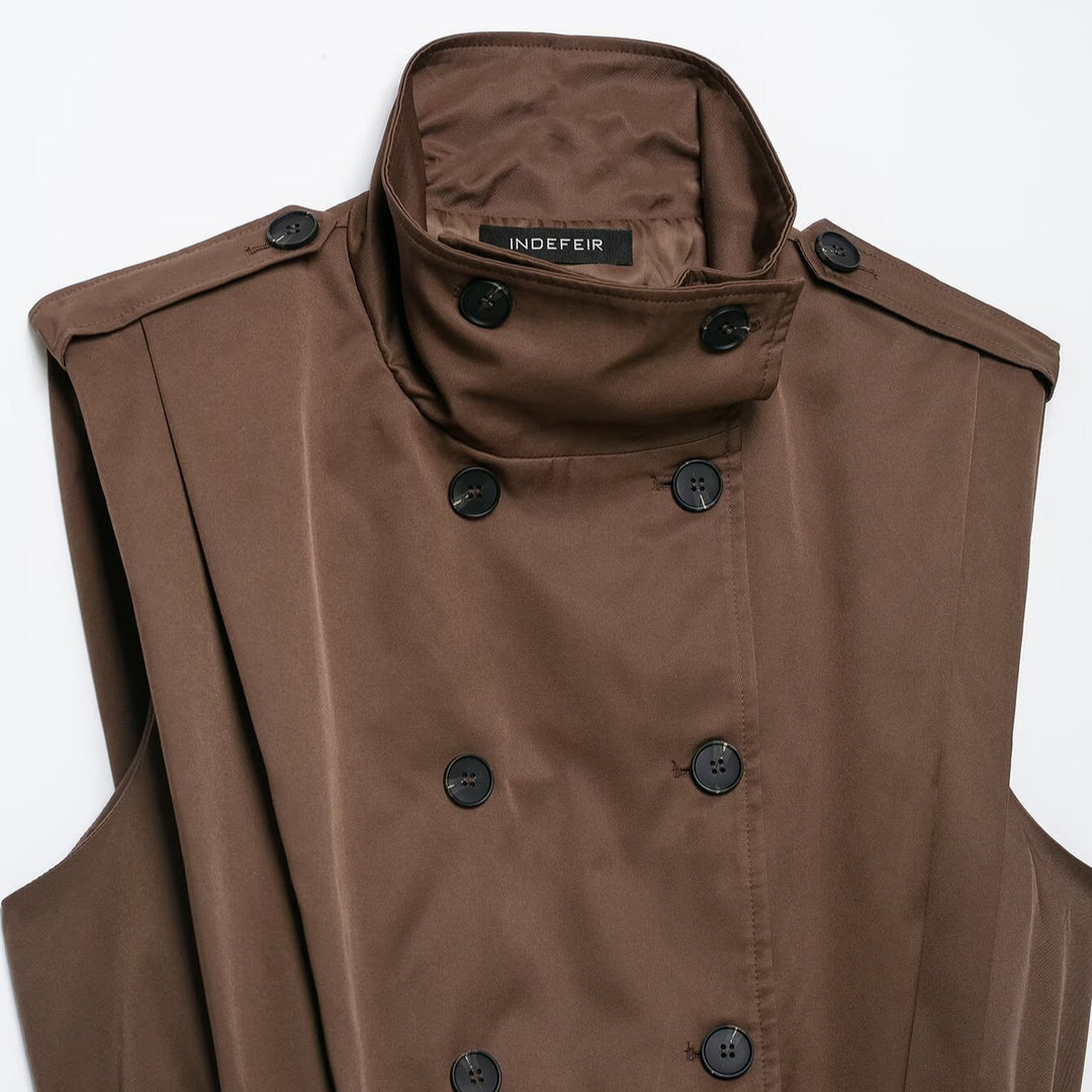 Women Sleeveless Trench Vest with Double Breasted and Stand Collar Mune Fashion