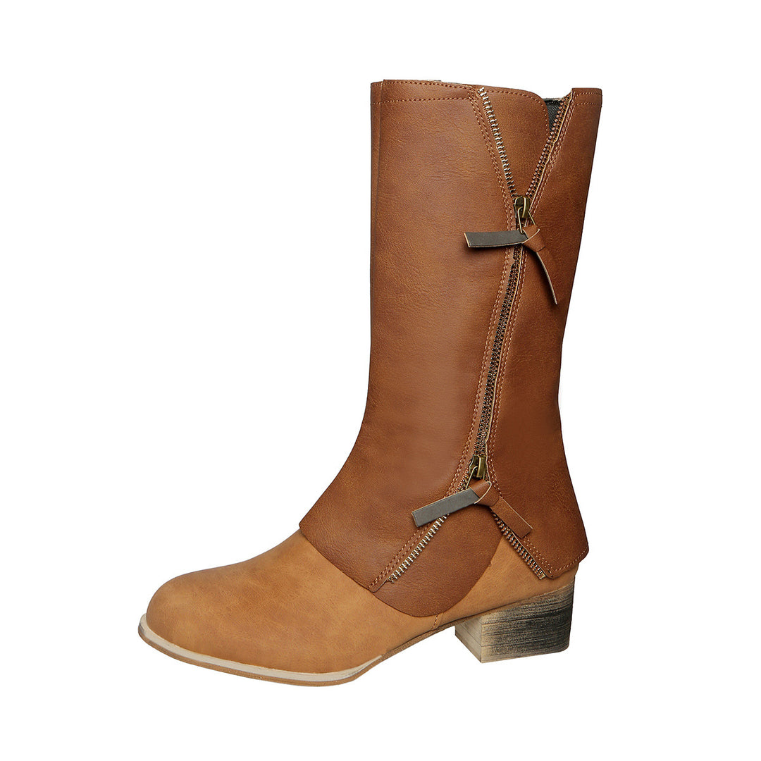 Women’s zip mid-calf boots with decorative outer zipper and mid block heel Mune Fashion