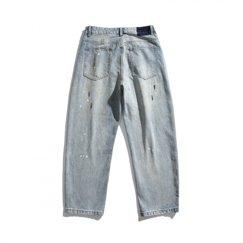 Men's Loose-Fit Vintage Denim Pants with Used Effect, Paint-Splatter and Distressed Details Mune Fashion