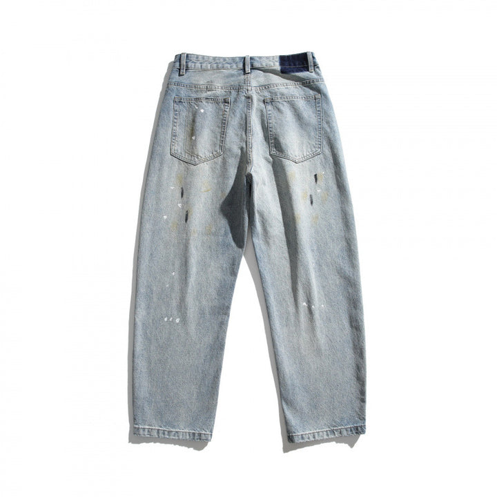 Men's Loose-Fit Vintage Denim Pants with Used Effect, Paint-Splatter and Distressed Details Mune Fashion