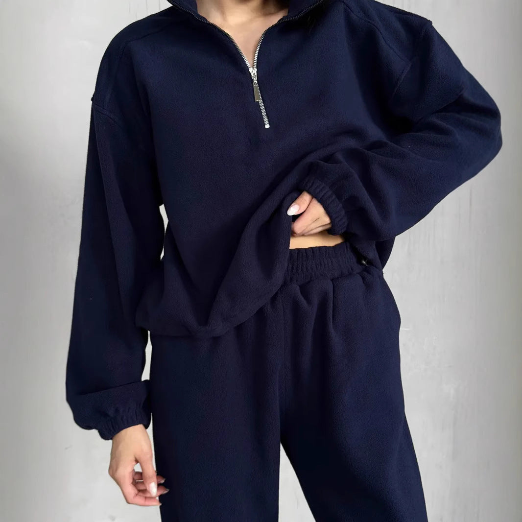 Women's Casual Fleece Jogging Suit Set with Stand Collar and Half-Zip Mune Fashion