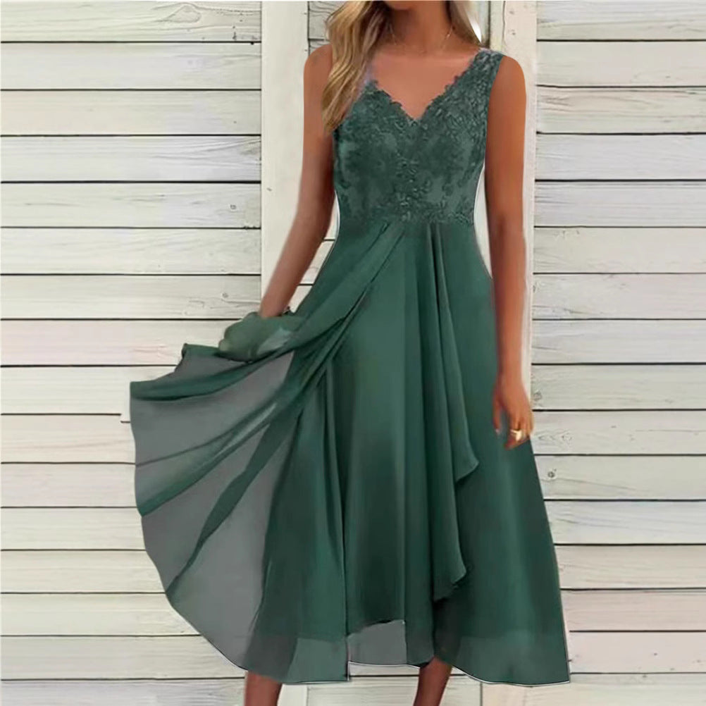 Women's elegant evening midi dress with embroidered lace bodice, tailored draping, and flowing layered skirt Mune Fashion