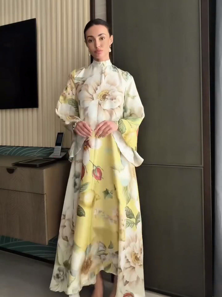 Women Floral Maxi Dress with High Stand Collar and Wide Bell Sleeves Mune Fashion