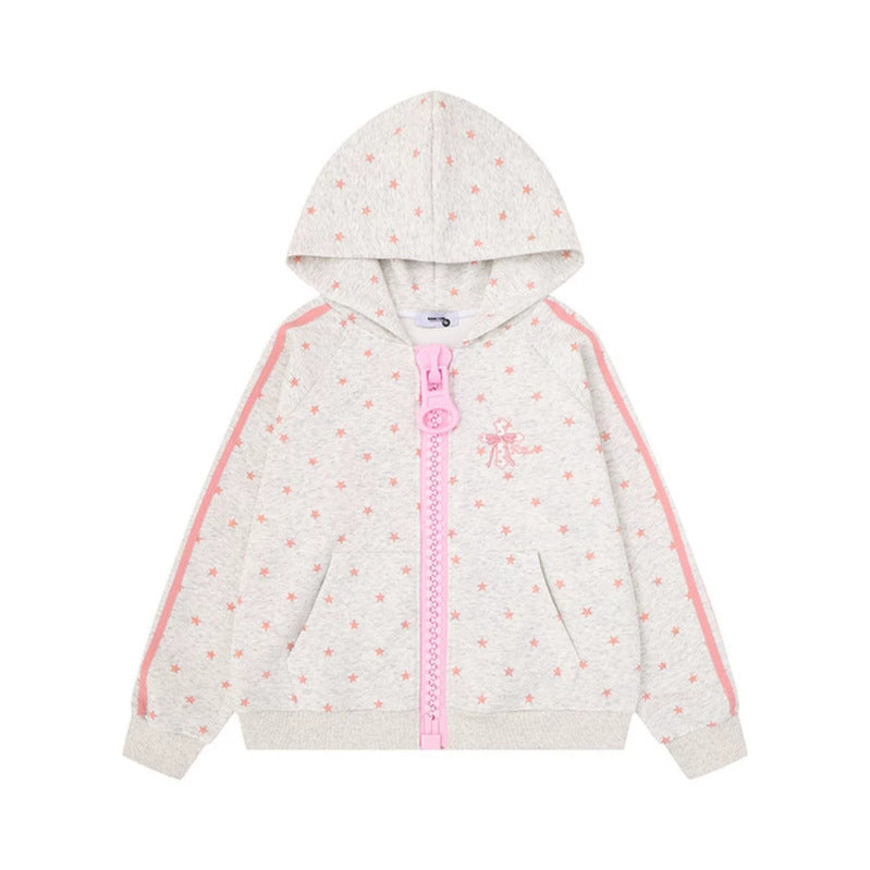 Women's hoodie sweatshirt with star all-over print, wide contrast zipper and side stripes Mune Fashion