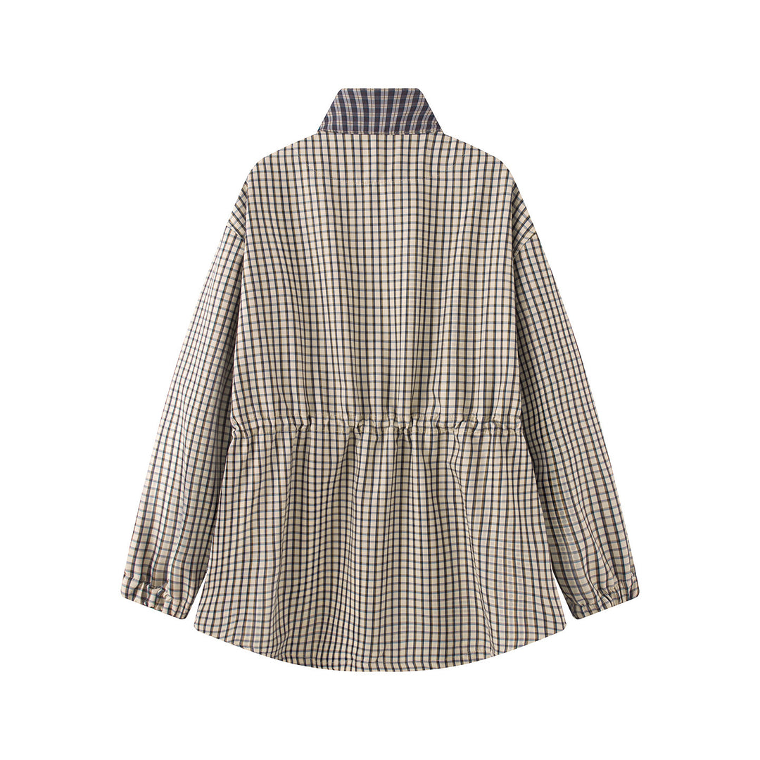 Women Checked Oversize Parka Jacket with Drawstring and Stand-up Collar Mune Fashion