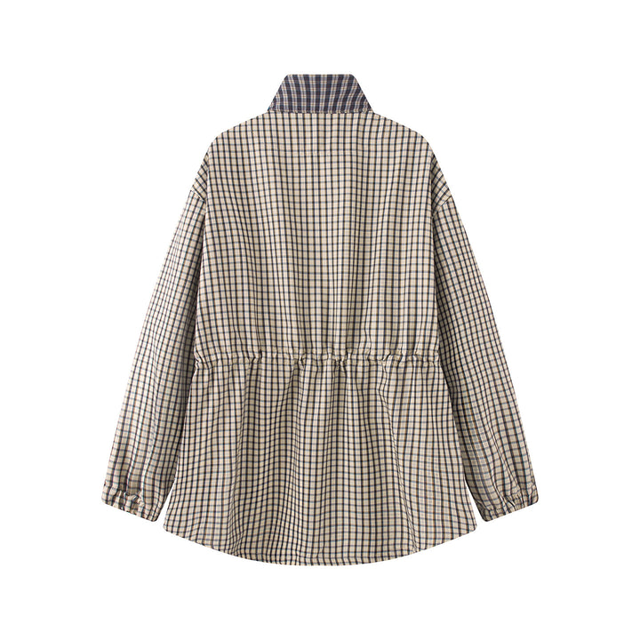 Women Checked Oversize Parka Jacket with Drawstring and Stand-up Collar Mune Fashion