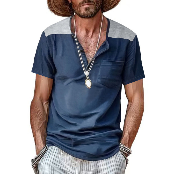 Men's short-sleeve henley shirt made of soft cotton blend with chest pocket and shoulder yoke Mune Fashion