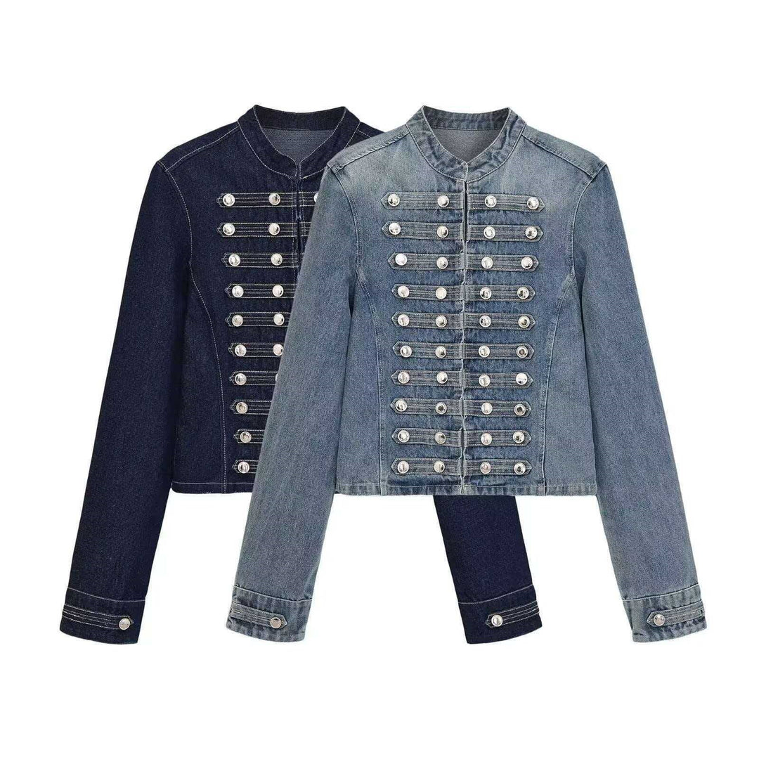 Women’s denim jacket in military style with row buttons and stand-up collar Mune Fashion