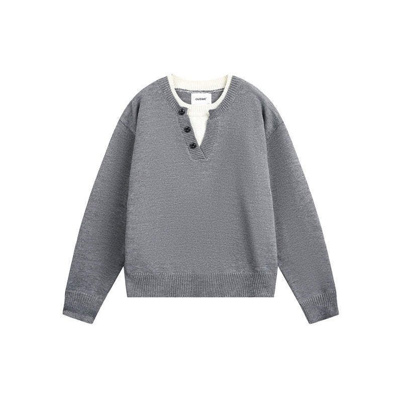 Unisex Chunky Knit Sweater with V-button Placket and Layered Collar Mune Fashion