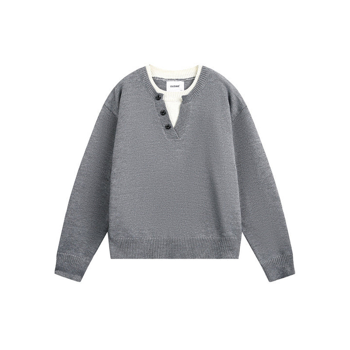 Unisex Chunky Knit Sweater with V-button Placket and Layered Collar Mune Fashion