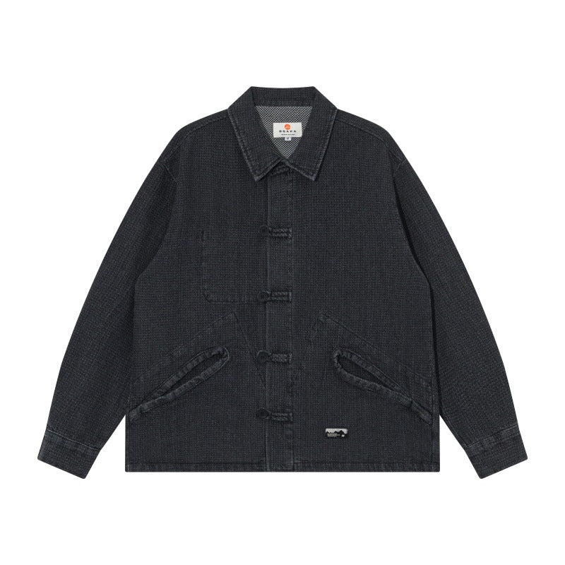 Men's short-cut denim chore jacket in boxy blouson style with Chinese toggle button placket Mune Fashion