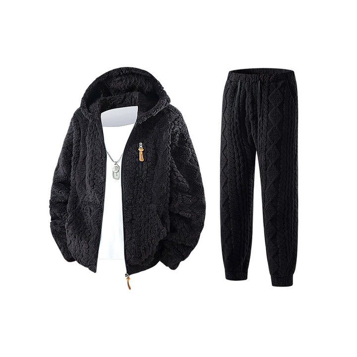 Herren Kuscheliges Sherpa-Fleece Set mit Kapuzenjacke und Strick‑Optik Jogginghose Mune Fashion