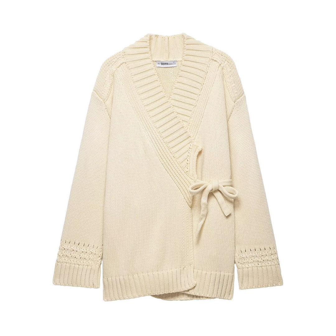 Ladies Wrap Knit Cardigan with Shawl Collar and Tie Belt Mune Fashion