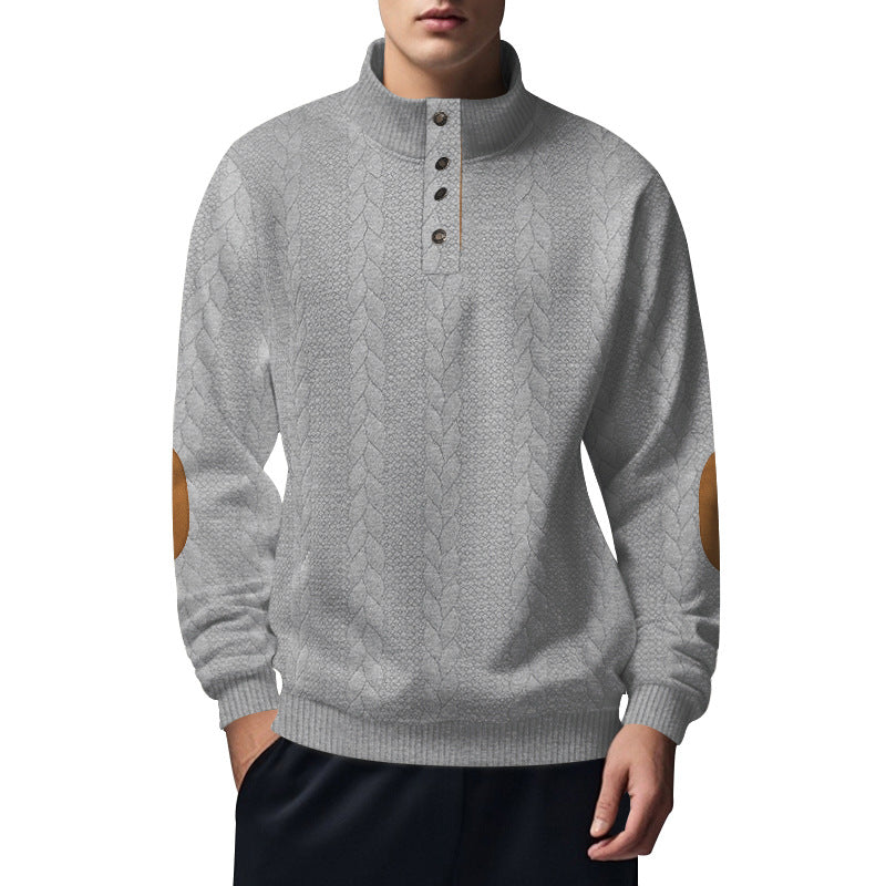 Men's structured cable knit Henley sweater with stand-up collar and elbow patches Mune Fashion