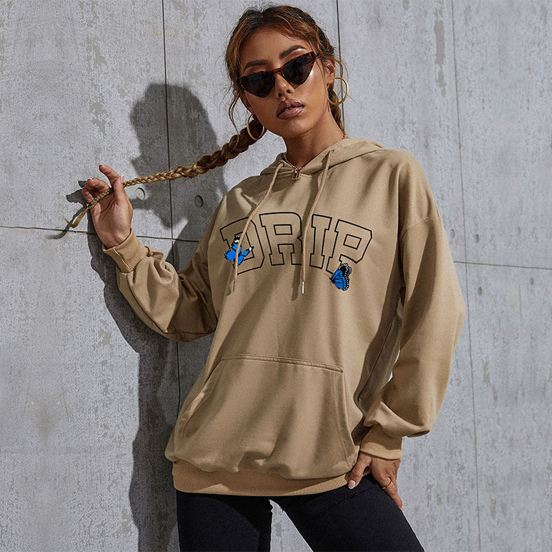 Women's Oversized Hoodie with Kangaroo Pocket and Butterfly Embroidery Mune Fashion