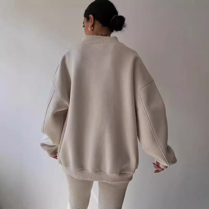 Women Oversized Sweatshirt with V-neck and Ribbed Collar Mune Fashion