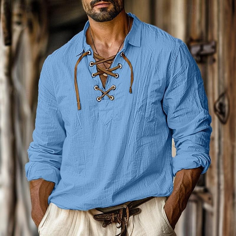 Men's rustic linen long sleeve shirt with V-lacing and textured weave structure Mune Fashion