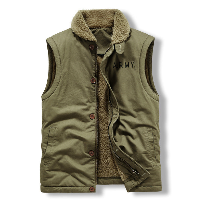 Men's Sleeveless Thermal Vest in Military Style with Teddy Lining and Stand-Up Collar Mune Fashion