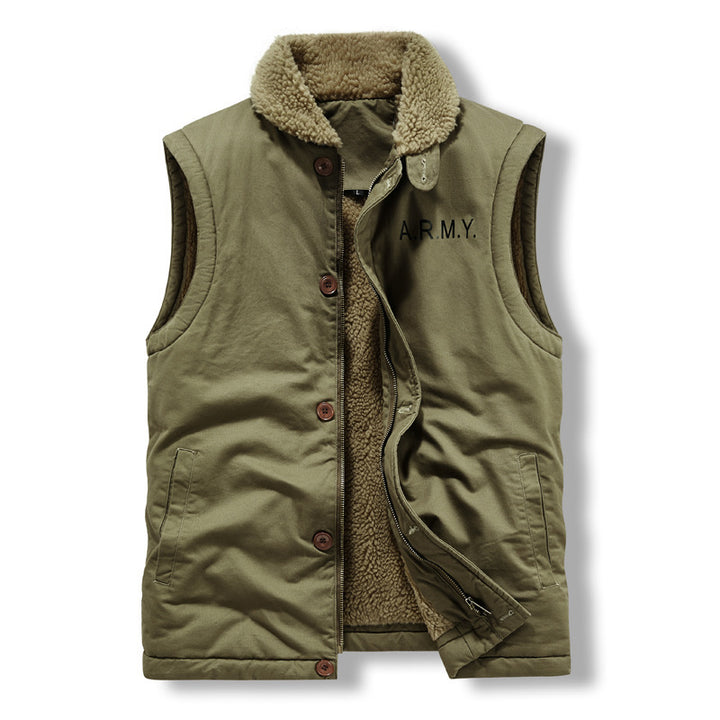 Men's Sleeveless Thermal Vest in Military Style with Teddy Lining and Stand-Up Collar Mune Fashion
