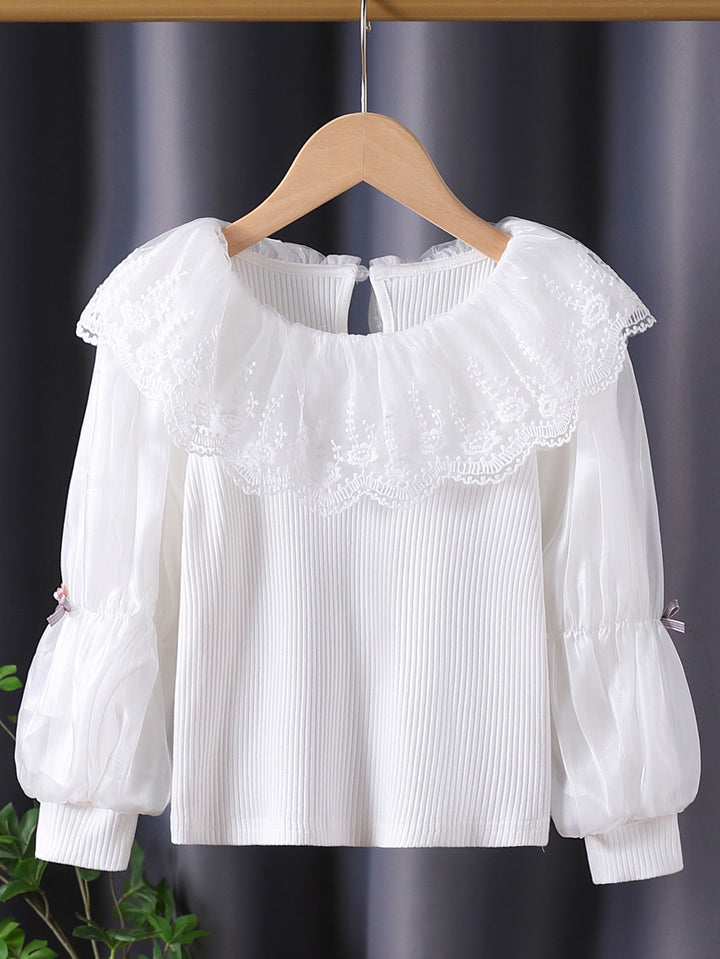 Women elegant blouse with romantic lace collar and ruffle details Mune Fashion