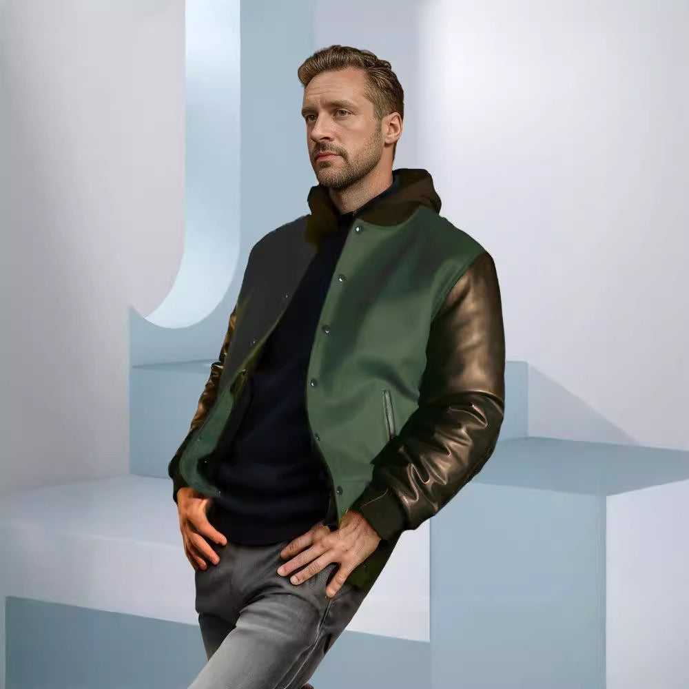 Men's College Bomber Jacket in Varsity Style with Wool Body and Leather Sleeves Mune Fashion