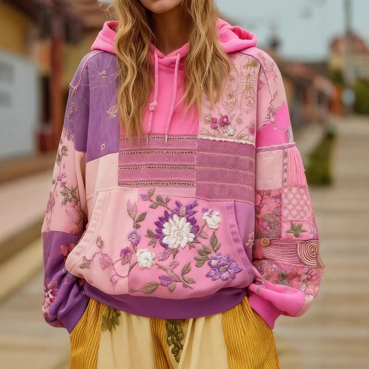 Women's Embroidered Patchwork Hoodie with Flower Applique and Kangaroo Pocket Mune Fashion